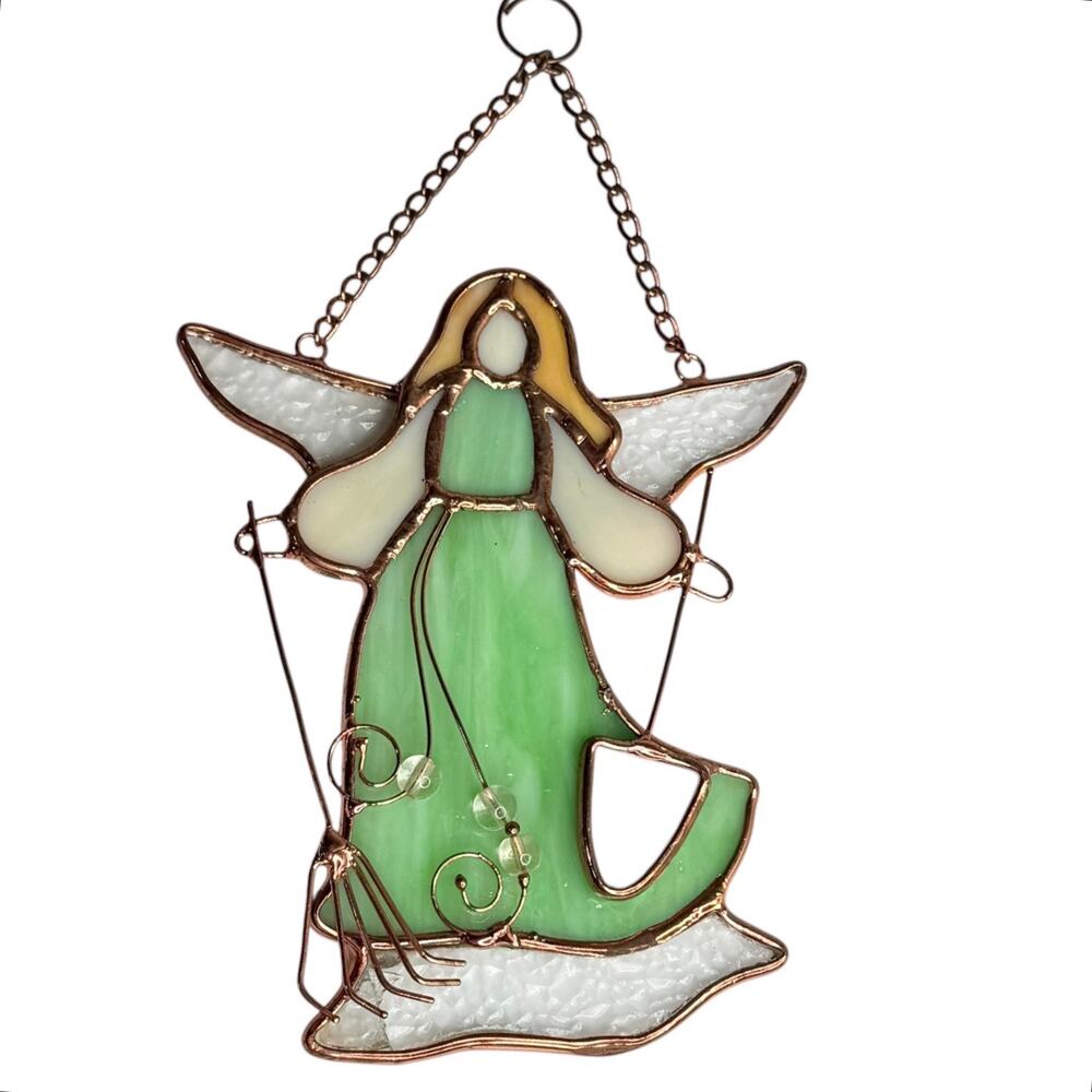 Stained Glass Garden Angel Sun Catcher Window Hanger Ornament 8.5” Gardening